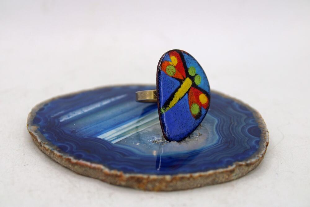 Vintage Enamel on Copper Dragonfly Ring